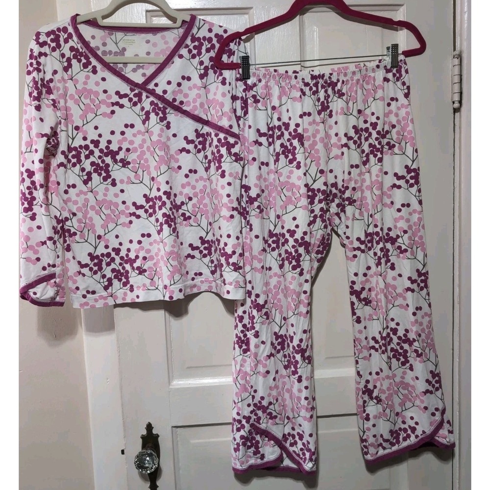 Garnet Hill Organic Cotton 2-piece Asian Wrap Pajama Set Berry Woman's M(1672)G